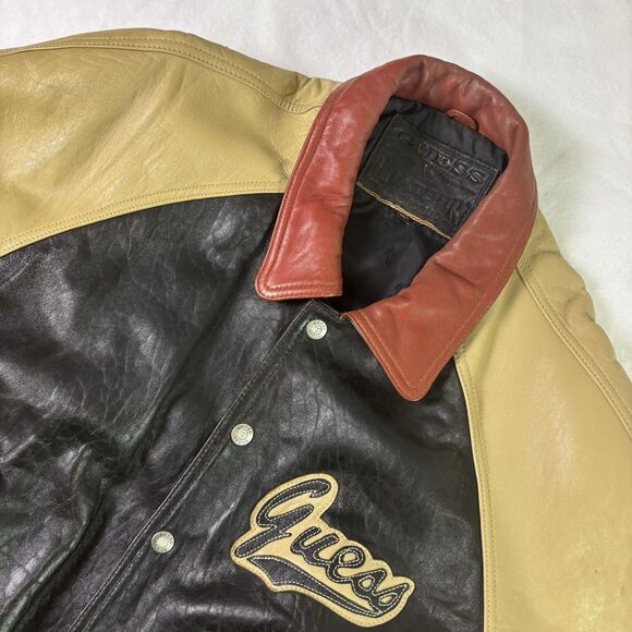 Vintage Guess Leather Bomber Varsity Jacket Men's XL Embroidered Logo Red Black - Picture 1 of 16